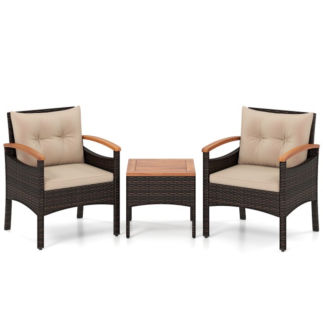 Costway Σετ καθιστικού ρατάν 3 τεμαχίων με 2 πολυθρόνες, 1 βοηθητικό τραπέζι, επιφάνεια από ξύλο ακακίας και καφέ μαξιλάρια καθίσματος HW75150BN
