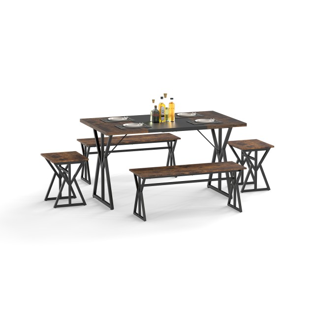 Costway Σετ Τραπεζαρίας 5 Τεμαχίων για 4-6 Άτομα με Βιομηχανικό Ορθογώνιο Τραπέζι Κουζίνας και 2 Πάγκους σε Καφέ Χρώμα KC58406CF+