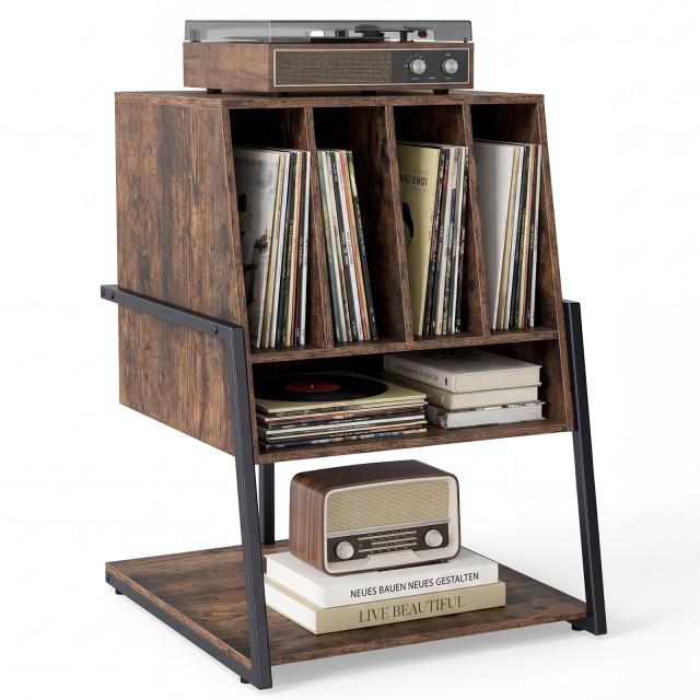 Costway Βάση πικάπ με φαρδιά επιφάνεια και 4 διαχωριστικά για δίσκους βινυλίου, καφέ, 76,5 x 57 x 54 cm JV13711CF