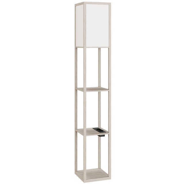 HOMCOM Λάμπα Δαπέδου με Ράφια, Ρυθμιζόμενο Φωτισμό, Πεντάλ Διακόπτη και Θύρες USB, Λευκή και Δρυς 833-623V92AK