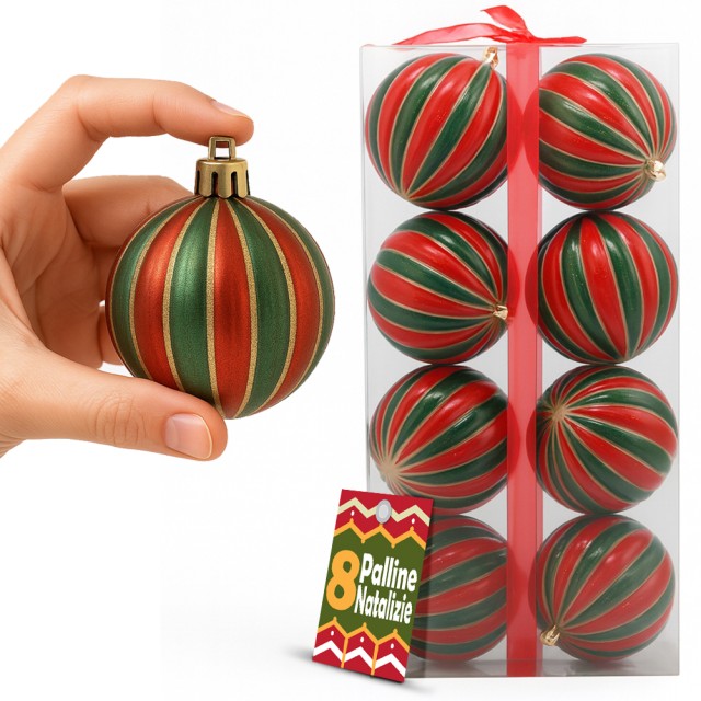 BAKAJI Σετ 8 Μπάλες Χριστουγεννιάτικου Δέντρου Κόκκινες και Πράσινες Διακοσμητικές Σφαίρες 10cm 02842854