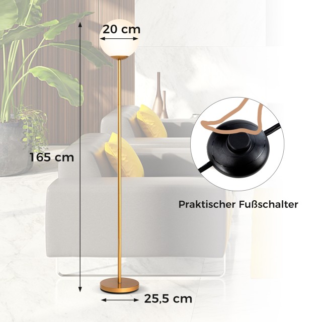 Costway Χρυσό  Φωτιστικό Δαπέδου 165 εκ. με Γυάλινο Αμπαζούρ & Βαριά Βάση με Διακόπτη Ποδιού 165 εκ x 25 εκ x 25 εκ EU10117DE-GD