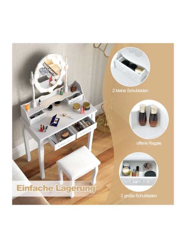 Costway Τουαλέτα Μακιγιάζ με LED Φωτισμό Ρυθμιζόμενης Φωτεινότητας με 4 Συρτάρια Λευκή HU11087DE-WH