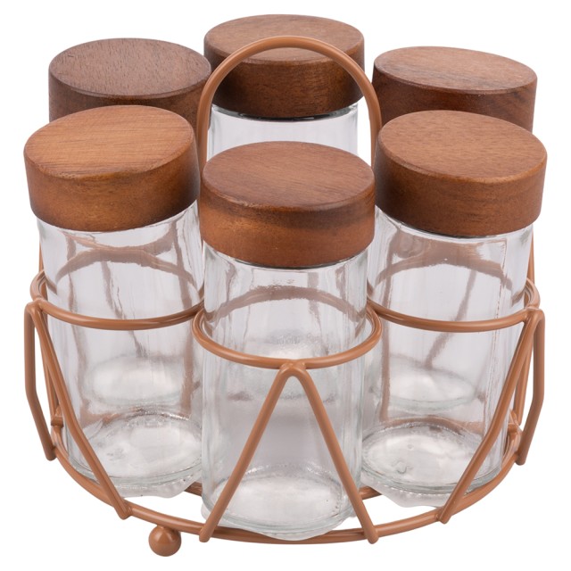 Villa DEste  Σετ 6 βαζάκια 90 ml από γυαλί με καπάκι από ξύλο ακακίας και βάση από σίδερο Natural 5921313