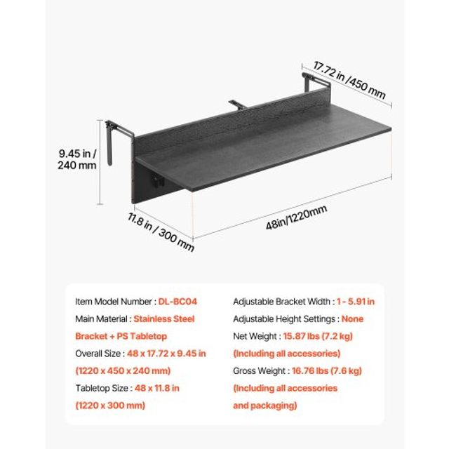 VEVOR Πτυσσόμενο Τραπέζι Μπαλκονιού 12 x 48 ιν. FXGZMZ12INCH0ANITV0