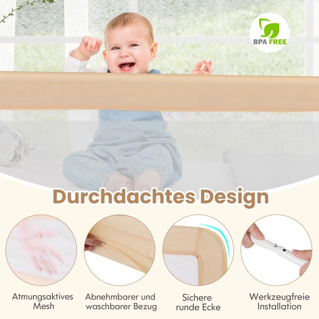 Costway 150 εκ. Αναδιπλούμενο Παιδικό Κάγκελο Κρεβατιού με Αφαιρούμενο Κάλυμμα και Διαπνέον Πλέγμα σε Μπεζ χρώμα BS10044BE