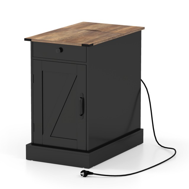 Costway Πλευρικό Τραπέζι/Ντουλάπι με Σταθμό Φόρτισης και Αναδιπλούμενη Επιφάνεια, Συρτάρι, Μαύρο Χρώμα JV13068DE-DK