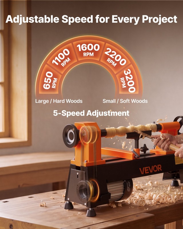 VEVOR Ξύλινος τόρνος πάγκου 1/2 HP 254 x 465 mm, 5 ταχύτητες 650/1100/1600/2200/3200 RPM TSMGCC25K05H128L7001V2