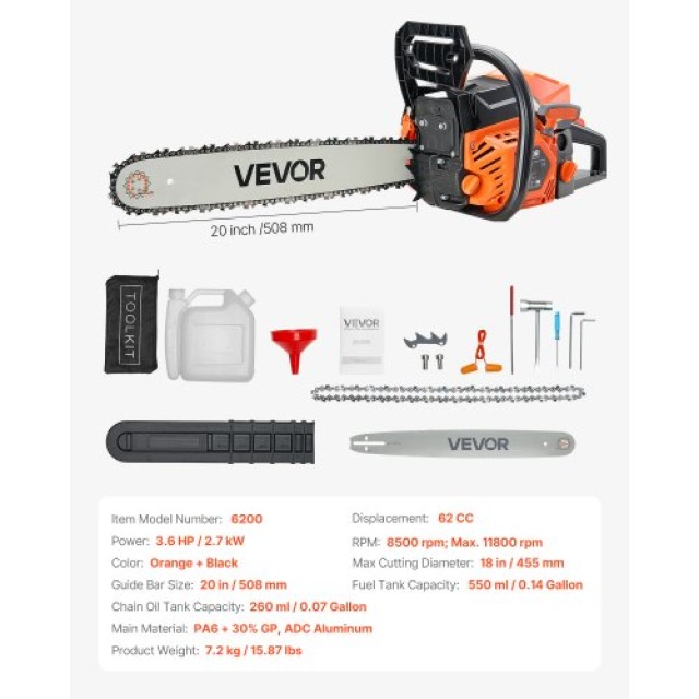 VEVOR Αλυσοπρίονο Βενζίνης 62cc 3.6 HP 20 ιντσών για Κοπή Ξύλου RQLJ20YCECC6X42C2001V0