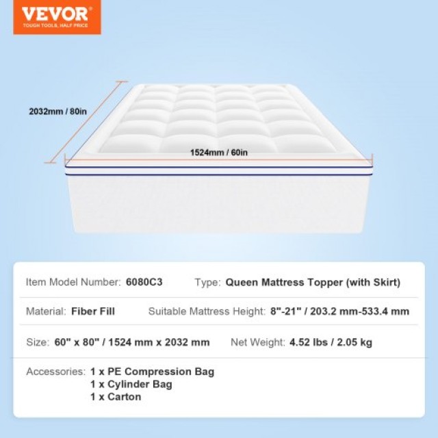 VEVOR Επιστρώμα Στρώματος Ίνας Αποσπώμενο & Πλενόμενο Queen 25.4 mm Πάχος XWTCD6080INCC3PJWV0