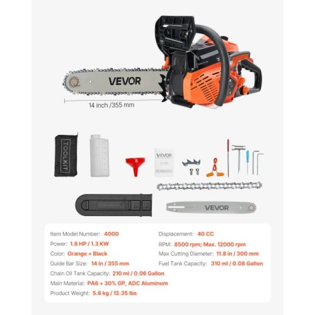 VEVOR Αλυσοπρίονο Βενζίνης 40cc 1.8 HP 14 ιντσών για Κοπή Ξύλου RQLJ14INCHEC4M9U6001V0