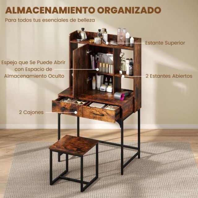 Σετ Τουαλέτας Μακιγιάζ με Καθρέφτη και Ράφια - Φορτιστής και Συρτάρια, Καφέ Ρουστίκ Στυλ 80 x 50 x 138cm HU11105DE-CF Costway