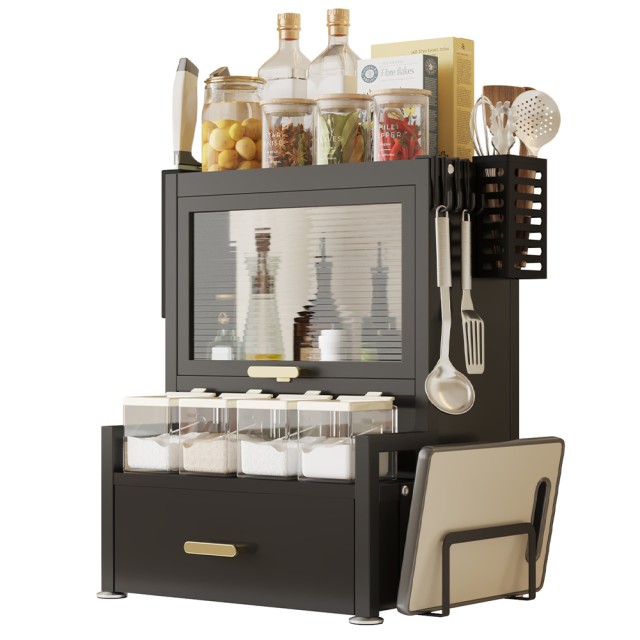 BAKAJI Ράφι Ντουλάπι Οργανωτής Μπαχαρικών με Γυάλινη Βιτρίνα και Συρτάρι Μαύρο Μέταλλο 02842262