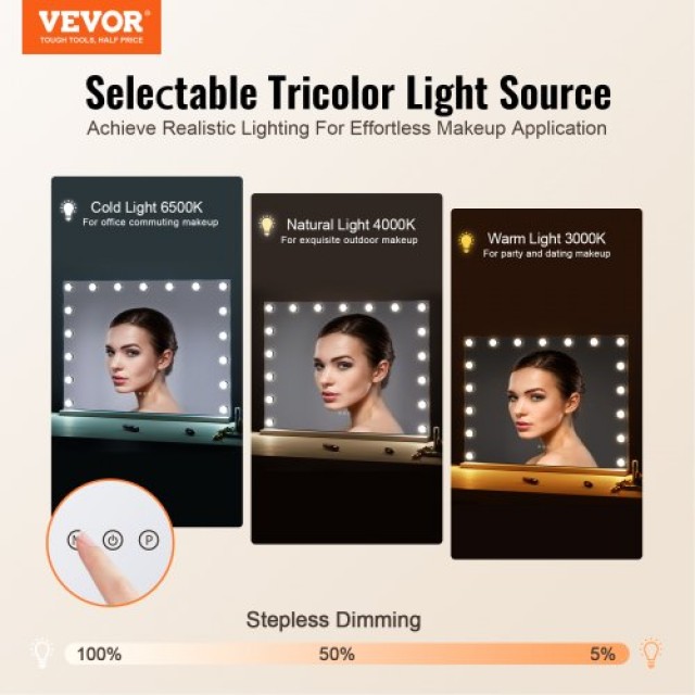 VEVOR Καθρέφτης Μακιγιάζ Hollywood με Φώτα & USB-C 23.6 Επιτραπέζιος/Τοίχου TMHZJJSFXDP89ZRDSV2