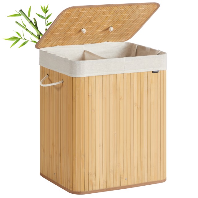 Songmics Καλάθι Απλύτων Μπαμπού με Καπάκι, 2 Θήκες, 120 Λίτρα, Πτυσσόμενο, με Αφαιρούμενο Πλενόμενο Σάκο και Χερούλια, Φυσικό Χρώμα LCB014Y01V1