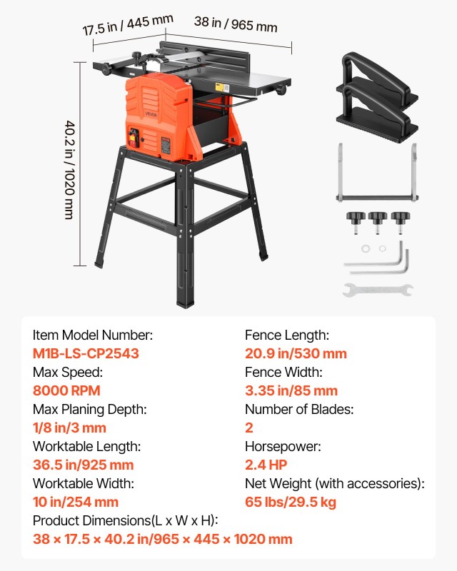 VEVOR Συνδυασμένη Επιφάνεια Πλάνης και Υποδοχής, 254mm, 2.4 HP, 8000 RPM με Βάση, 2 Λεπίδες Ευθείας Κοπής, Αλουμινένιο Τραπέζι, Ρυθμιζόμενο Βάθος 0-3mm για Ξυλουργική DIY TSDZJJFJ1800WUJSP001V2
