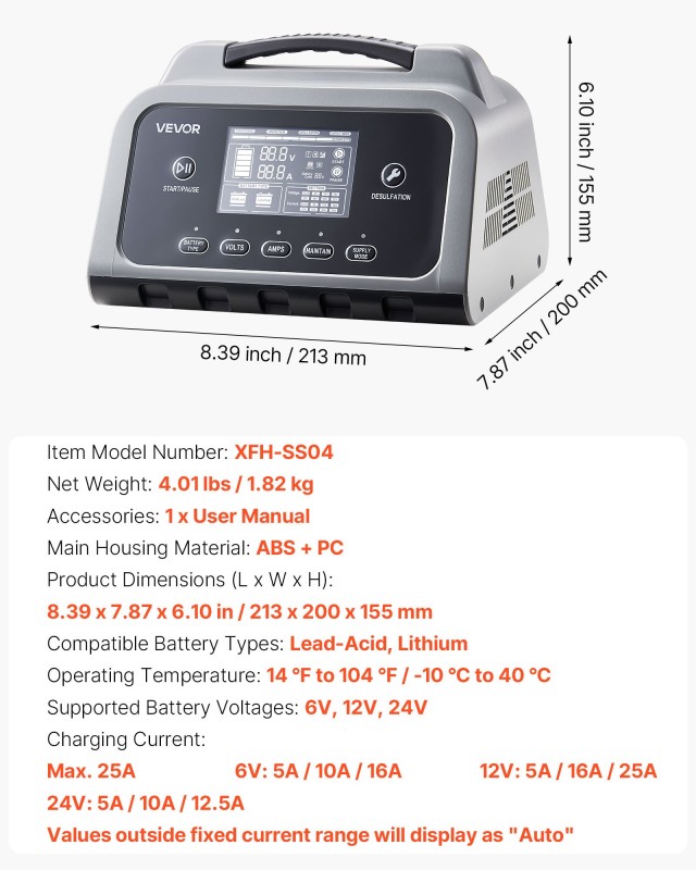 VEVOR Έξυπνος Φορτιστής Μπαταρίας, 25A, 6V/12V/24V, Συμβατός με Λιθίου LiFePO4 & Μολύβδου-Οξέος (Gel/AGM) TSLDQSCDQ25ANYGSW001V2