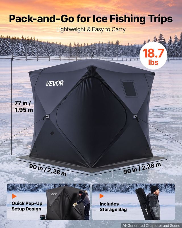VEVOR Παγόσκηνο Ψαρέματος 3-4 Ατόμων 2.28x2.28x1.95 m Μαύρο BDBHSDMK4M90UTW1W001V0
