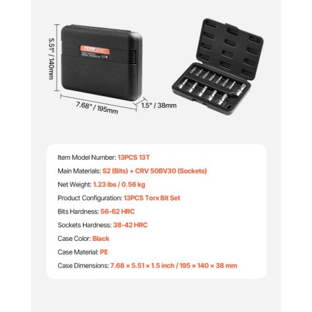 VEVOR Σετ Καρυδάκια Torx 13 Τεμαχίων T8 - T60 S2 και Cr-V Ατσάλι PTTT143812TO25MKPV0