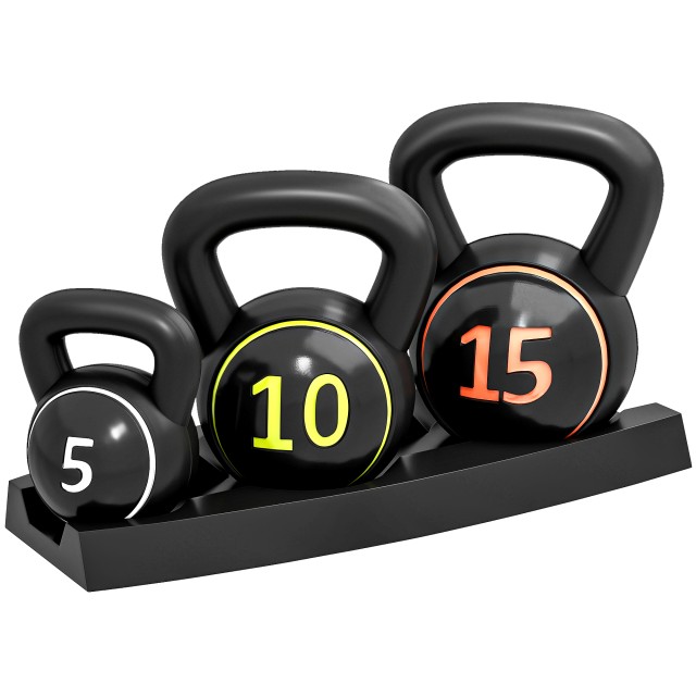 SPORTNOW Σετ 3 Κettlebell 2,2 kg, 4,5 kg και 6,8 kg με Επίπεδη Βάση και Βάση Αποθήκευσης, από Πλαστικό και Άμμο, Μαύρο A91-282V00BK
