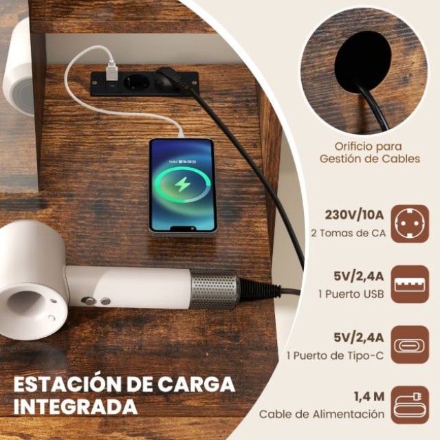 Σετ Τουαλέτας Μακιγιάζ με Καθρέφτη και Ράφια - Φορτιστής και Συρτάρια, Καφέ Ρουστίκ Στυλ 80 x 50 x 138cm HU11105DE-CF Costway