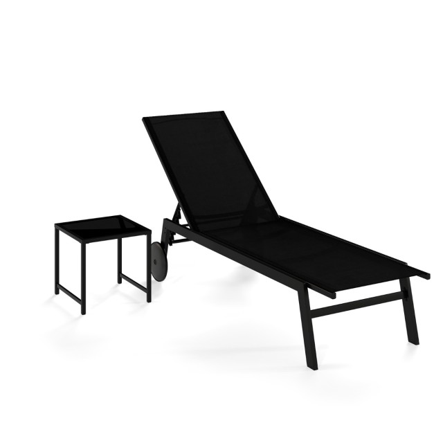 Costway Ξαπλώστρα Κήπου με Ρόδες & Πλαϊνό Τραπεζάκι, Ρυθμιζόμενη Πλάτη & Μαύρο Ύφασμα NP12861DK