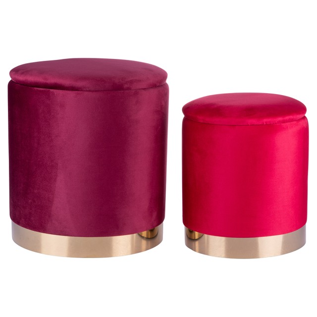 Galileo Σετ 2 σκαμπό αποθήκευσης από ύφασμα με υφή βελούδου με χρυσή βάση μπορντό και κόκκινο Sibilla 5920878