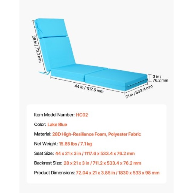 VEVOR Σετ 2 Εξωτερικών Μαξιλαριών Ξαπλώστρας 72 x 21 in Αδιάβροχα, Παχιά HMHM2J72INCHQZXAK001V0