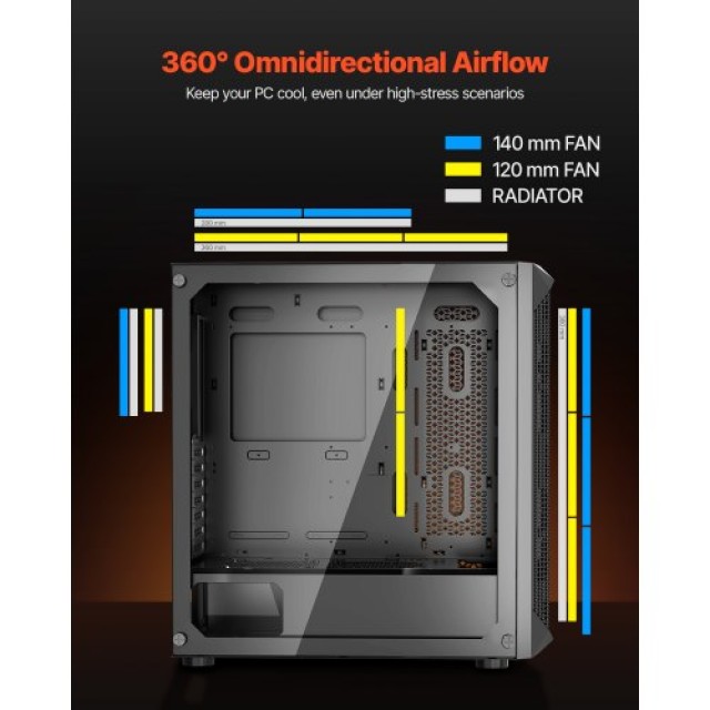 VEVOR Πύργος Υπολογιστή Gaming με 3 x140mm PWM Ανεμιστήρες για E-ATX Μητρική DNJXQT140MMPDHRHW001V9