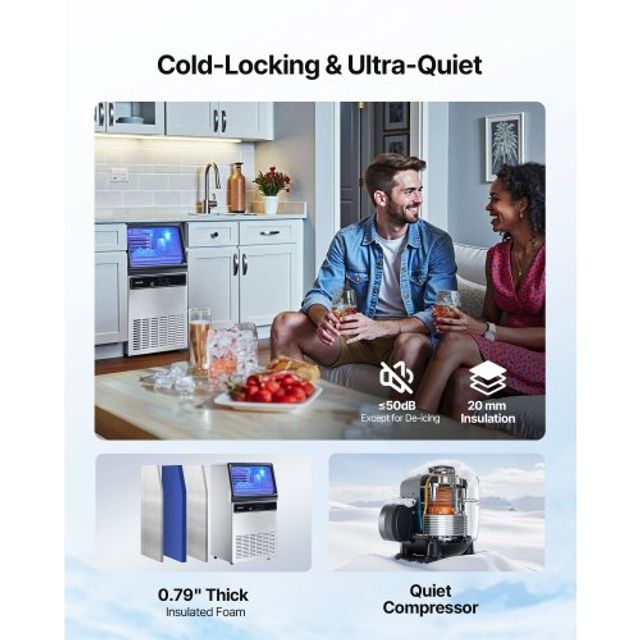 VEVOR Εμπορική Παγομηχανή, 59kg/24ωρη, Με Αποθήκη 15kg, 45 Κύβοι/Κύκλος, Ανοξείδωτο Ατσάλι, Ελεύθερης Τοποθέτησης & Υποπάγκια, με LED Οθόνη & Αυτοκαθαρισμό QSYYTSFBZBJ3042ZA001V2