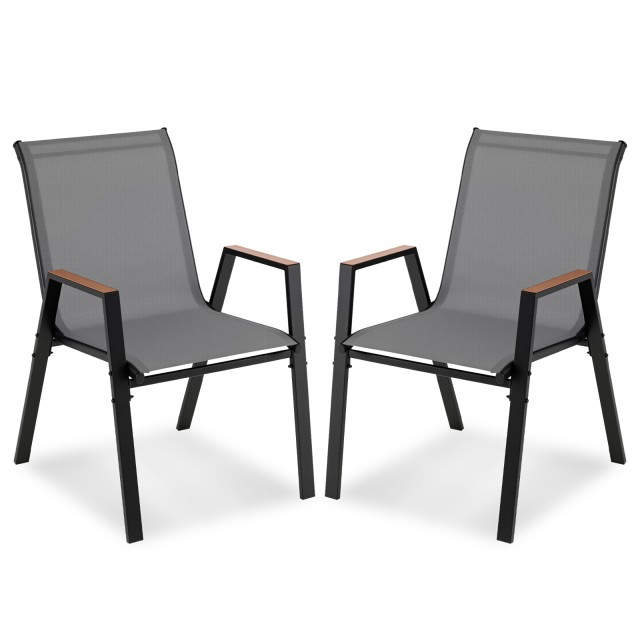 Costway Σετ 2 Στοιβαζόμενες Καρέκλες Κήπου Υψηλής Πλάτης από Αναπνεύσιμο Ύφασμα Teslin με Ξύλο, Γκρι, 88 x 66 x 56 cm NP12931GR-2