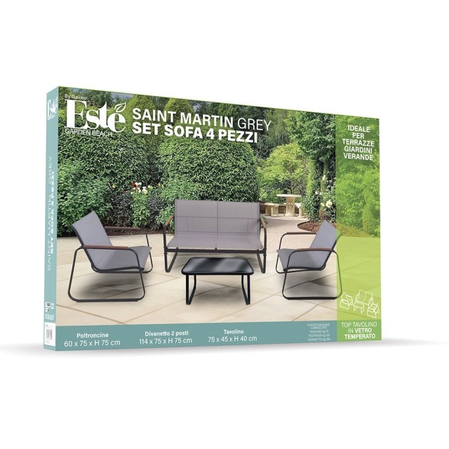 Galileo Σετ κήπου 4 θέσεων από ανθρακοχάλυβα με τραπεζάκι και μαύρη γυάλινη επιφάνεια Saint Martin 2188449