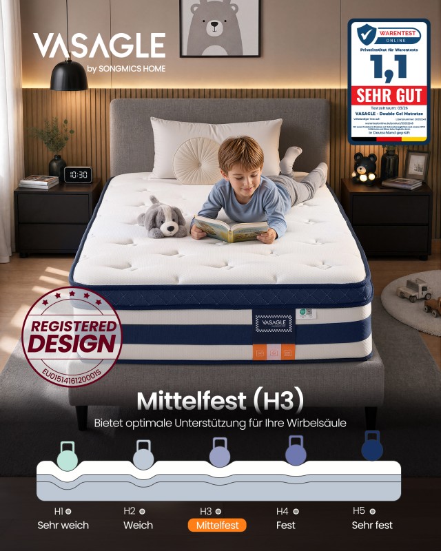 VASAGLE Στρώμα Gel Memory Foam με Pocket Springs 90 x 200 x 25 cm, Μέτρια Σκληρότητα (H3), 7 Ζωνών, Μπλε RMZ232Q101