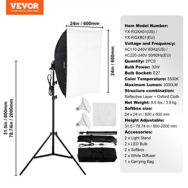 VEVOR Σετ Φωτισμού Softbox 24x24 30W 5500K LED Ρυθμιζόμενη Βάση SYRGZMTZ2424K23FPV2