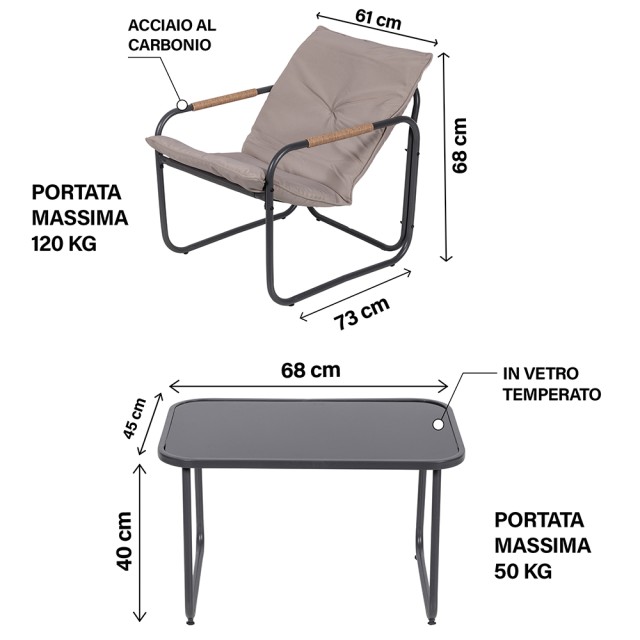 Galileo Σετ κήπου 4 θέσεων από ανθρακούχο ατσάλι, τραπεζάκι με γυάλινη επιφάνεια, μαξιλάρια με μαύρη και γκρι απόχρωση Cannes Est 2188450