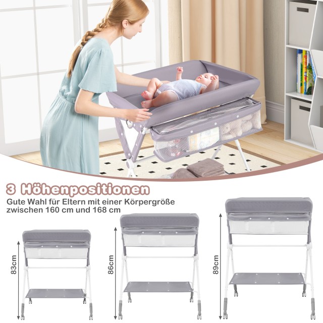 Costway Φορητή πτυσσόμενη αλλαξιέρα με ρυθμιζόμενο ύψος 3 θέσεων και φρενάροντες τροχούς, γκρι AC10044GR