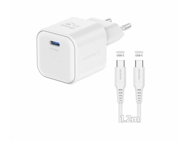 SWISSTEN GaN 1x USB-C 20W Παροχή Ενέργειας + Καλώδιο Δεδομένων USB-C/USB-C 1.2 μ. Λευκό 8595217484375