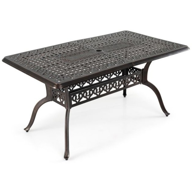 Costway Τραπέζι κήπου από χυτό αλουμίνιο με οπή για ομπρέλα, 150 x 90 εκ. NP12745WN