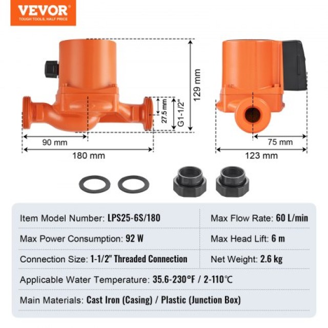 VEVOR Αντλία Κυκλοφορίας Ζεστού Νερού 220V 92W, 60 L/min, 6m, 1-1/2, 2°C-110°C, Χαμηλού Θορύβου LWKBZPBB6M605Q93VV2