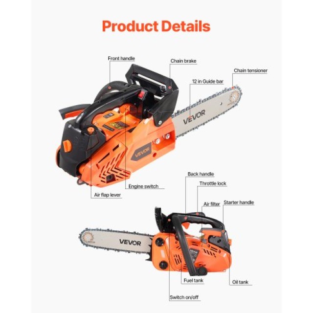 VEVOR Αλυσοπρίονο Βενζίνης 25cc 1.02 HP 12 ιντσών για Κοπή Ξύλου RQLJ12INCHECGYJ4G001V0