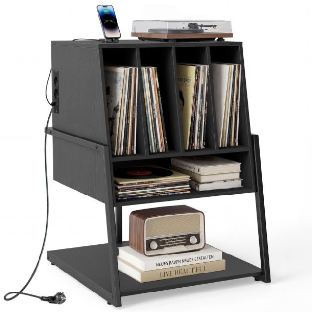 Costway Μαύρο Έπιπλο Πικάπ για Βινύλια με Ενσωματωμένο Σταθμό Φόρτισης και 4 Διαχωριστικά, 76,5 x 57 x 54 cm JV13711DE-DK