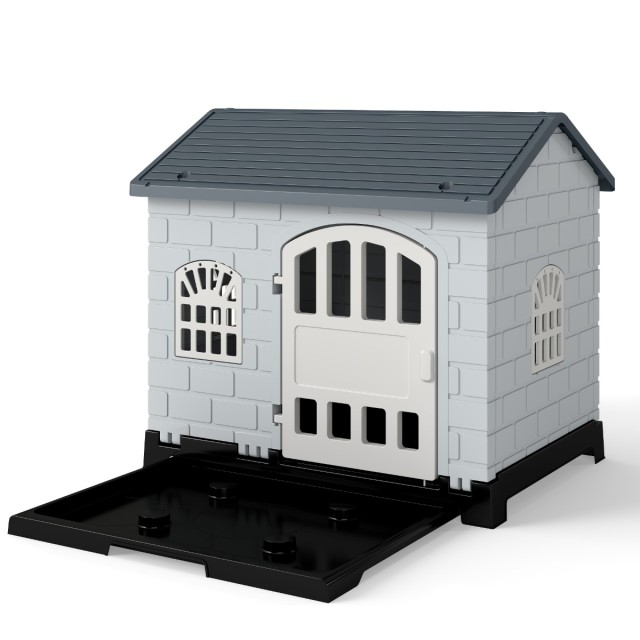 Costway Εξωτερικός Σκύλος Σπίτι με Πόρτα & 3 Παράθυρα & Αφαιρούμενο Δάπεδο & Κλουβί Σκύλου Γκρι PU10084GR