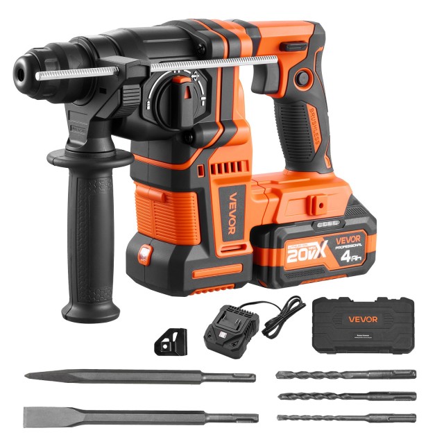 VEVOR Κρουστικό Πιστολέτο 20mm SDS-Plus, 20V Μπαταρίας, Brushless, με Μπαταρία, Φορτιστή, 3 Τρυπάνια, Λεπίδα, Σκίπερ & Θήκη Μεταφοράς για Σκυρόδεμα DC20CGK20MM0MQZFM001V2