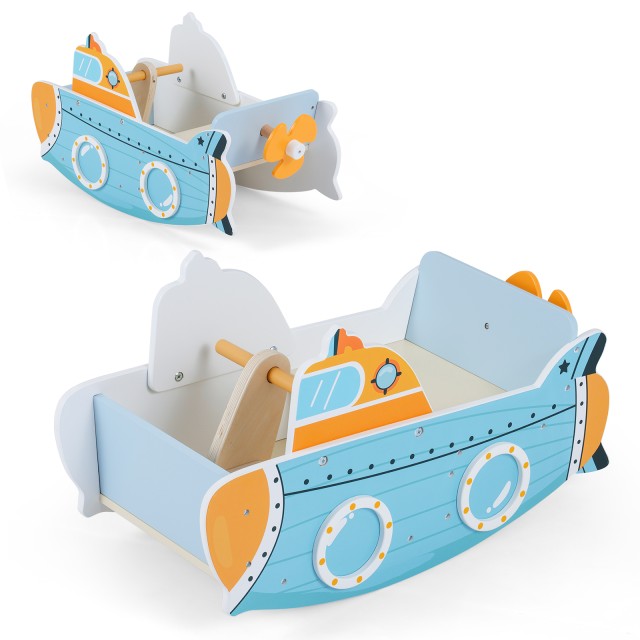 Costway Παιδικό κουνιστό καραβάκι με ναυτικό σχέδιο, περιστρεφόμενη προπέλα και λαβές από ξύλο σημύδας, 37 x 33,5 x 70 cm TM10218