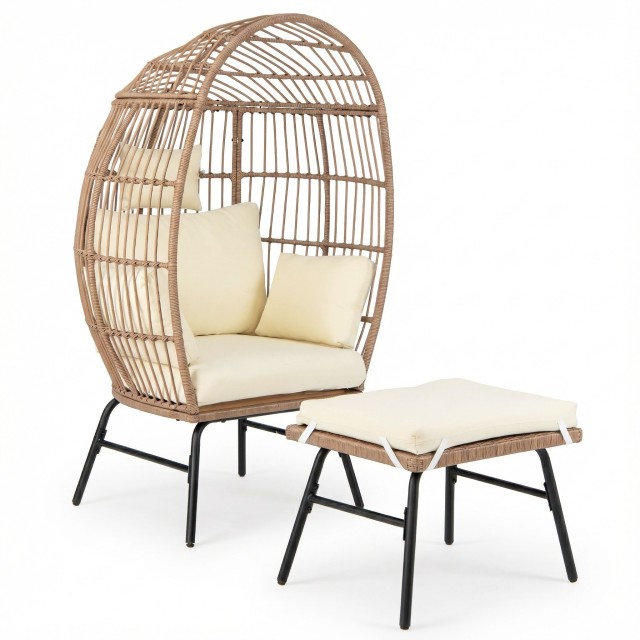 Costway Καρέκλα Αυγού από Ρατάν με Υποπόδιο - Ξαπλώστρα Κήπου & Καθιστική Πολυθρόνα με Άνετα Μαξιλάρια & Μαξιλαράκια Ρατάν, Μπεζ NP12757BE