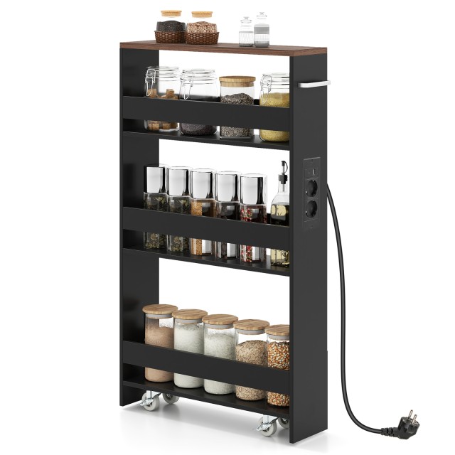 Costway Καρότσι Αποθήκευσης Λεπτό 13 cm με Σταθμό Φόρτισης, 4 Επιπέδων με Λαβή, Μαύρο + Vintage Καφέ 80,5 x 13 x 47,5 cm JV11161DE-HS