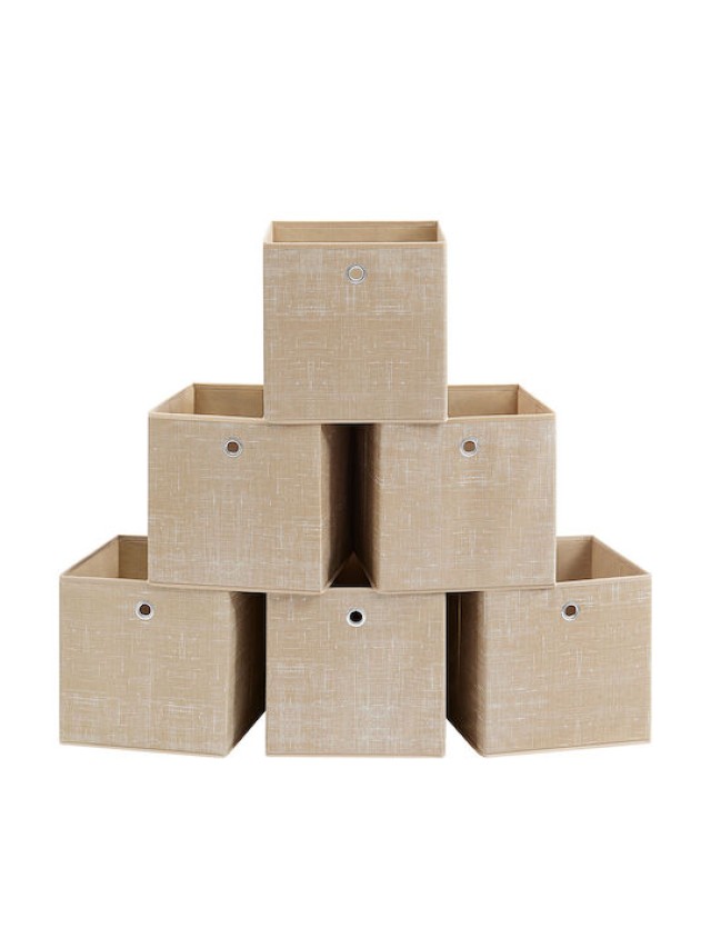 SONGMICS Σετ 6 υφασμάτινα κουτιά αποθήκευσης με χερούλια, 30 x 30 x 30 εκ., διπλούμενα, μπεζ RFB006K03