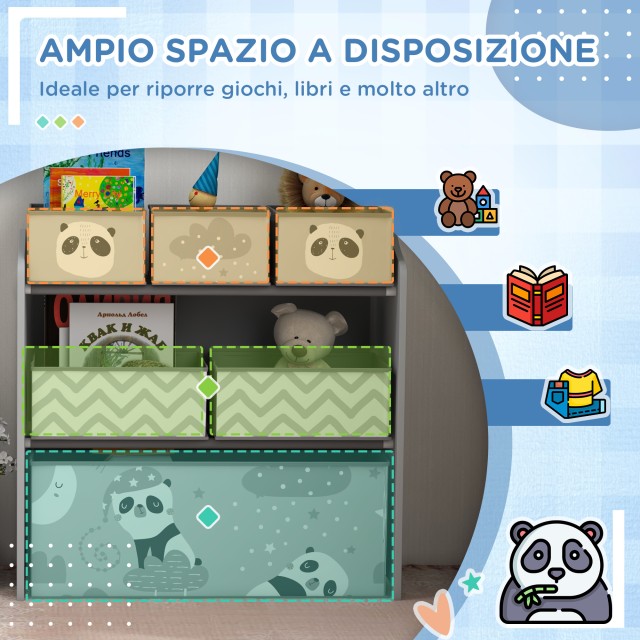 ZONEKIZ  Ράφι Αποθήκευσης Παιχνιδιών για Παιδιά με 6 Αφαιρούμενα Υφασμάτινα Κουτιά, 63x30x66cm, Γκρι  311-059V80GY