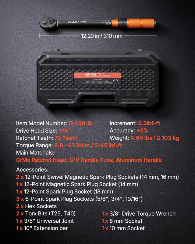VEVOR Δυναμόκλειδο Κλικ 3/8 5-45 lb-ft / 6,8-61,2 Nm με Καρυδάκια Μπουζί, Μύτες, Καθολικό Σύνδεσμο, Προέκταση και Θήκη DJSNLBSHCS54RJRNG001V0