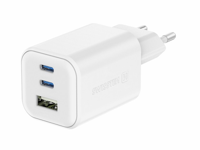 SWISSTEN Προσαρμογέας Ισχύος GaN με 2 Θύρες USB-C 65W PD και 1 Θύρα USB-A 18W QC Λευκό  8595217484528